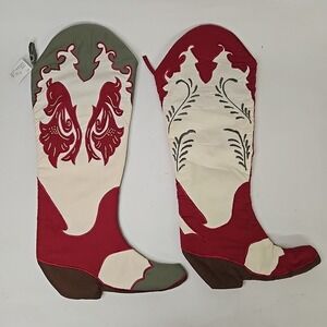 Green And White Cream Stocking Cowboy Boot Christmas  Country Western Lot Of 2